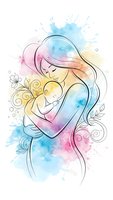 Mother holding newborn baby in tender embrace with watercolor splashes and decorative swirls on white background for greeting cards and nursery decor.