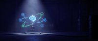 Futuristic holographic network diagram with glowing nodes and connections floating in dark digital space with blue light beam from above.