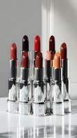 Collection of luxury lipsticks in various shades from red to brown displayed in silver tubes on white surface with dramatic lighting for beauty campaigns.