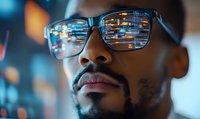Close-up of programmer wearing glasses with reflection of computer code, dark skin male with facial hair in modern office environment with blue lighting.
