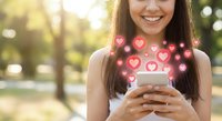 Young woman using smartphone with floating heart icons and social media notifications in sunny park setting for digital marketing campaigns.