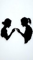 Black silhouettes of two young women facing each other with outstretched hands against white background, creating dramatic contrast and emotional connection.