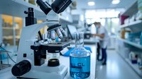 Modern laboratory microscope and blue liquid in beaker with scientist working in background, medical research facility setting shows advanced equipment.