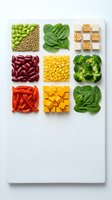 Colorful plant-based protein sources arranged in squares on white cutting board featuring legumes, leafy greens, tofu, vegetables for healthy meal prep.