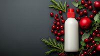 White cosmetic bottle with red pump surrounded by fresh cranberries, rosemary sprigs and mint leaves on dark background for holiday skincare products.
