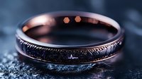Rose gold wedding band with meteorite inlay and textured surface against dark background, luxury jewelry macro photography showing intricate details and craftsmanship.
