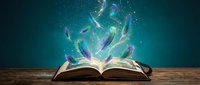 Open book with magical glowing feathers floating above pages on wooden surface against dark teal background creating fantasy education concept.
