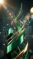 Green and gold metallic ribbons spiral upward with glowing financial charts and data analytics in soft focus background, representing business growth and investment success.