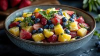 Fresh mixed fruit salad with strawberries, blueberries, pineapple and mint in ceramic bowl. Healthy breakfast, summer dessert or snack concept.