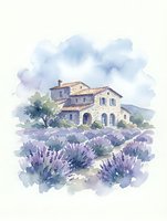 Watercolor painting of Mediterranean villa surrounded by purple lavender fields under soft blue sky for home decor and wall art projects.