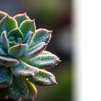 Green succulent plant with water droplets on fleshy leaves showing natural morning dew, close-up macro photography for botanical and gardening themes.