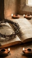 Crown of thorns resting on open religious text with lit candles in rustic stone setting, symbolizing faith, sacrifice, and spiritual devotion for worship materials.