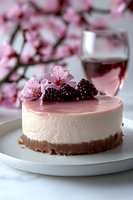 Mini cheesecake with pink mirror glaze, fresh blackberries and cherry blossoms on white plate. Glass of rose wine and spring flowers in background.