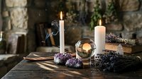 Mystical altar setup with burning candles, amethyst crystals, crystal ball and dried lavender bundles on rustic wooden table for spiritual practices.