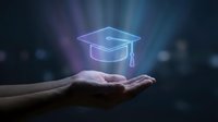 Glowing graduation cap hologram floating above open hands against dark background with bokeh lights for education and achievement concepts.