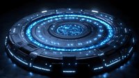 Futuristic circular spacecraft with glowing blue lights and intricate technological details against dark background, ideal for sci-fi concept art.