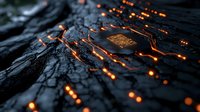 Glowing orange circuit paths lead to central processor on dark textured surface, creating futuristic technology concept with dramatic lighting and depth of field.