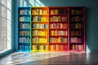 Rainbow colored bookshelf with books arranged by color spectrum from blue to red in modern interior room with large window and sunlight casting shadows.
