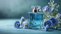 Blue glass perfume bottle with crystal stopper surrounded by delicate blue anemone flowers and white baby's breath on turquoise background, luxury fragrance concept.