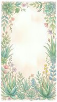 Watercolor botanical frame with succulents, aloe vera, and wildflowers in soft pastel tones, featuring a blank center for text or design.