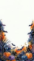Watercolor Halloween border frame with pumpkins, bats, haunted castle, ghosts, and stars, leaving white copy space for text or design.