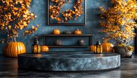 Autumn-themed display with pumpkins and lanterns on stone pedestal against dark wall with fall wreath and decorative foliage.