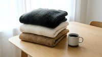 Stacked knit sweaters in charcoal, cream and tan on wooden table with coffee mug, cozy home decor and autumn fashion styling.