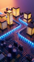 Illuminated miniature buildings on circuit board with glowing blue LED pathways representing digital connectivity and smart city technology infrastructure.