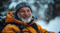 Cheerful senior Caucasian man with white beard wearing orange winter jacket and grey beanie smiling outdoors during snowfall, expressing joy and contentment.