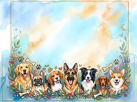 Watercolor frame with cute cartoon dogs, golden retriever, beagle, corgi, border collie, floral border, copy space for text, pet greeting card.