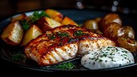 Grilled salmon fillet with roasted potatoes and herbs on dark plate. Restaurant quality seafood dinner with creamy sauce for culinary and food photography.