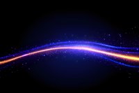 Glowing curved light trail with orange and blue neon streaks against dark background, surrounded by sparkling particles and cosmic dust effect.
