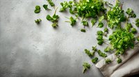 Fresh microgreens scattered on concrete surface with linen napkin, raw organic sprouts for healthy cooking and garnishing dishes.