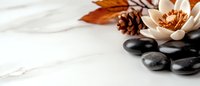 Serene spa composition with white lotus flower, black massage stones and autumn leaves on marble background. Wellness and relaxation concept.