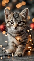 Adorable tabby kitten with bright eyes sitting among warm glowing Christmas lights creating magical bokeh background for holiday greeting cards and festive decorations.