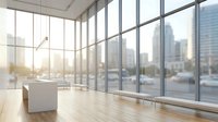 Modern empty office space with floor-to-ceiling windows overlooking city skyline, wooden flooring, and minimalist white desk, suitable for corporate, business, and workspace design projects.