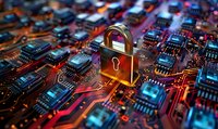 Glowing padlock on circuit board with microchips represents cybersecurity and data protection concept in modern digital technology environment.