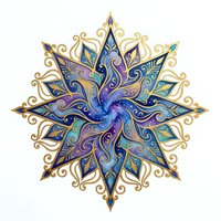 Ornate mandala with swirling blue and purple gradient center, gold decorative flourishes, and symmetrical pointed petals featuring intricate patterns. Isolated on white background, ready for design projects.