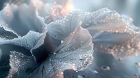 Delicate morning dew drops on pale pink petunia petals in soft light, creating dreamy bokeh effect with water droplets catching sunrise glow. For nature photography.