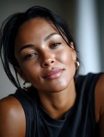 Young mixed-race woman with natural makeup taking selfie portrait in soft natural light. Confident expression for lifestyle and beauty content.