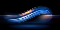 Abstract glowing blue and orange wave design on black background with light effects and smooth flowing curves creates modern dynamic motion.