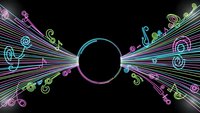 Colorful neon musical notes and staff lines radiating from central black circle on dark background creating dynamic burst pattern for music design projects.