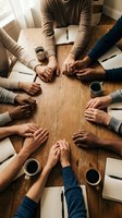 Business team joining hands together over wooden table during meeting with coffee cups and notebooks for teamwork collaboration and unity concept.