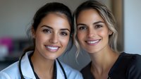 Two smiling young female professionals in business attire pose together in office setting, showcasing diversity and teamwork. Natural lighting highlights genuine expressions.