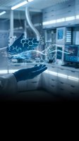 Scientist in laboratory holding glowing molecular structure and data visualization with DNA helix, chemical formulas, and analytics charts for research and development.