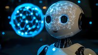 Futuristic white robot head with glowing blue network sphere, representing artificial intelligence and machine learning on dark background.