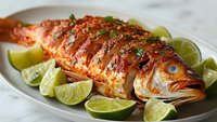 Grilled whole fish with herbs and lime wedges on white plate. Cooked seafood dish with crispy skin and fresh garnish for restaurant menu or cooking content.