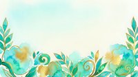 Watercolor floral border with turquoise and gold botanical elements on isolated white background, ready for invitations, cards, and design projects.