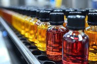 Row of amber and red glass bottles with black caps on laboratory shelf for pharmaceutical research and chemical analysis in modern facility.