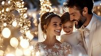 Happy bride in lace dress with groom and child surrounded by glowing bokeh lights at evening wedding celebration, warm atmospheric moment.
